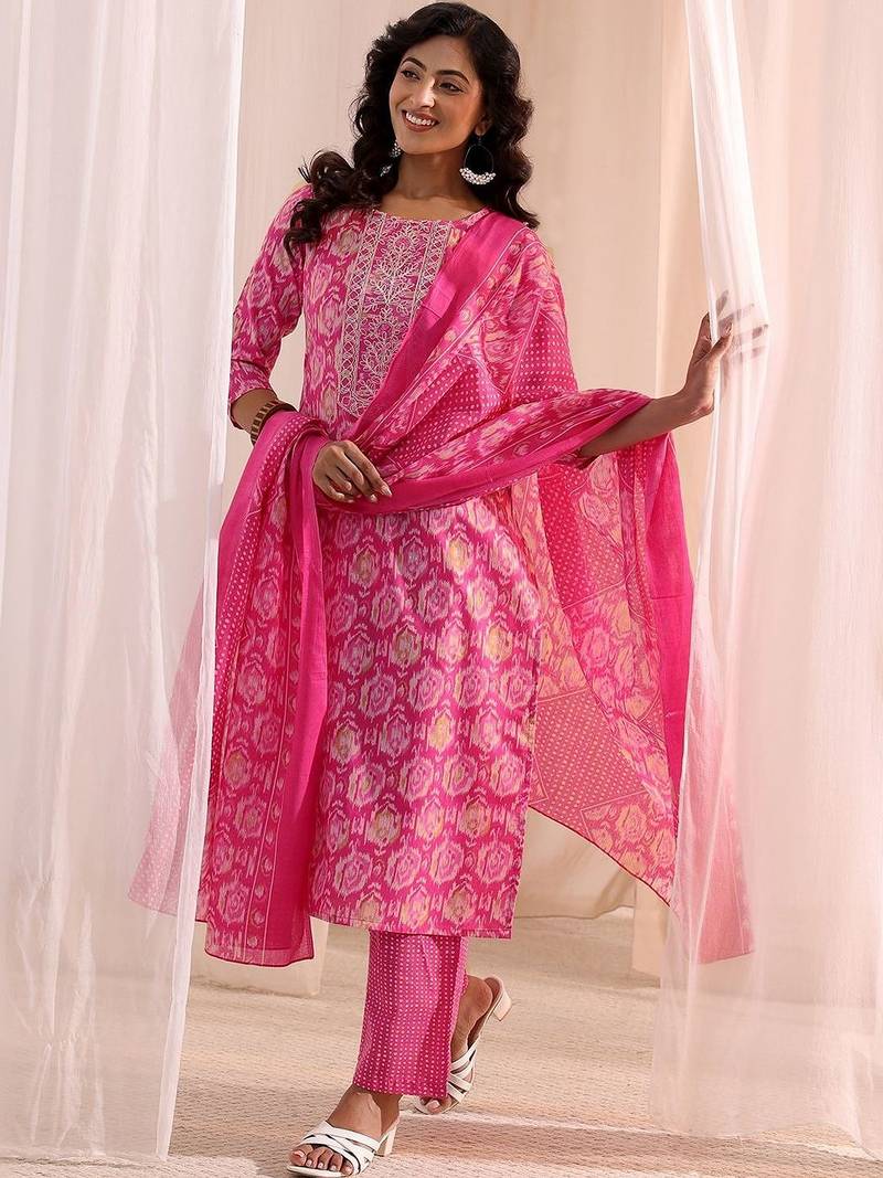 women ethnic motifs printed regular kurta with trousers & with dupatta