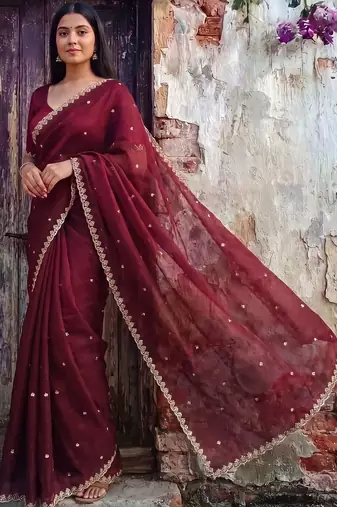 Maroon tissue designer saree