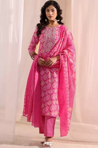 women ethnic motifs printed regular kurta with trousers & with dupatta