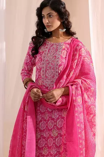 women ethnic motifs printed regular kurta with trousers & with dupatta