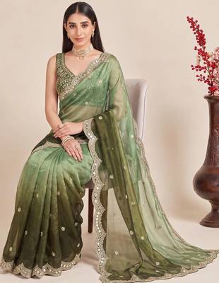 Green ombre mirror work tissue designer saree 1