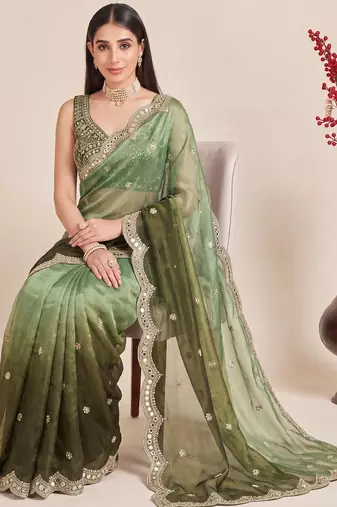 Green ombre mirror work tissue designer saree