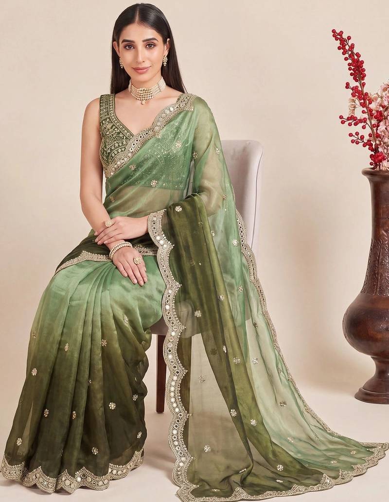 Green ombre mirror work tissue designer saree