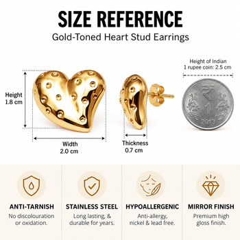 Anti-tarnish, stud back, polished finish, women's jewellery, bold heart design 3