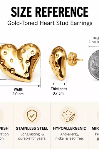 Anti-tarnish, stud back, polished finish, women's jewellery, bold heart design
