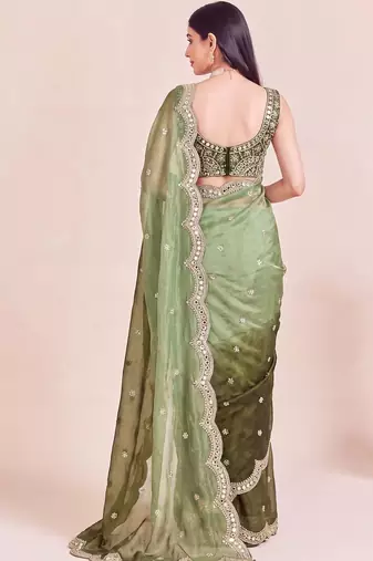 Green ombre mirror work tissue designer saree