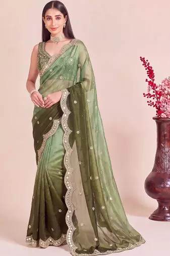 Green ombre mirror work tissue designer saree