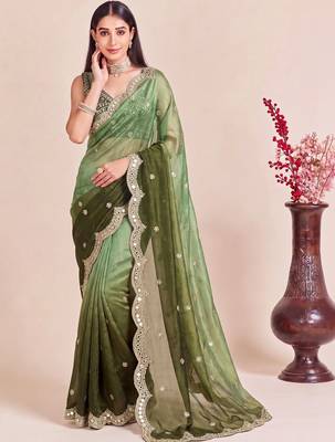 Green ombre mirror work tissue designer saree 4