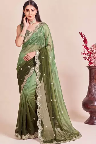 Green ombre mirror work tissue designer saree