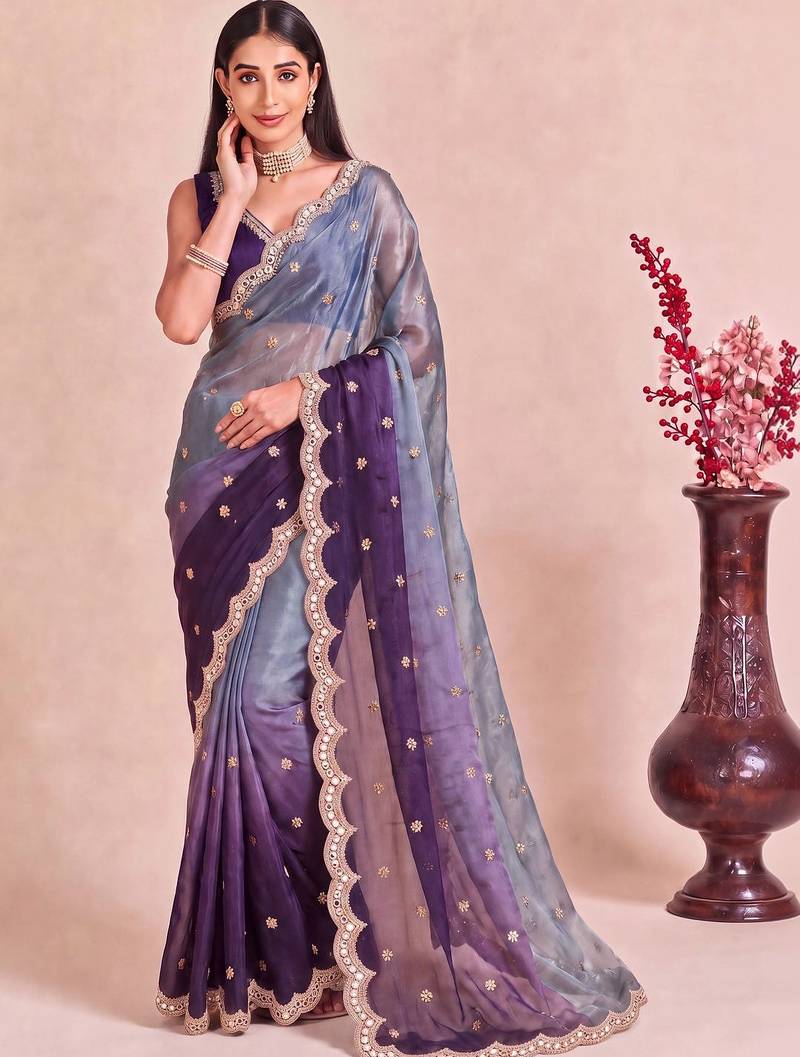 Multicolor ombre mirror work tissue designer saree