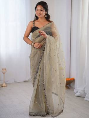 Cream embellished sequinned net designer saree 2