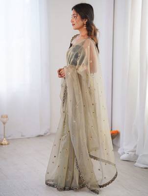 Cream embellished sequinned net designer saree 3