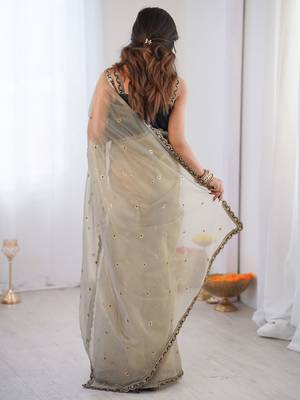 Cream embellished sequinned net designer saree 4