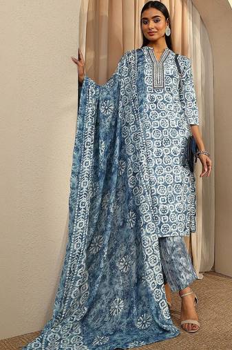 women ethnic motifs printed regular thread work kurta with trousers & with dupatta