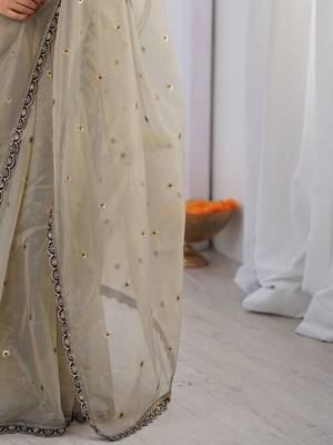 Cream embellished sequinned net designer saree 5