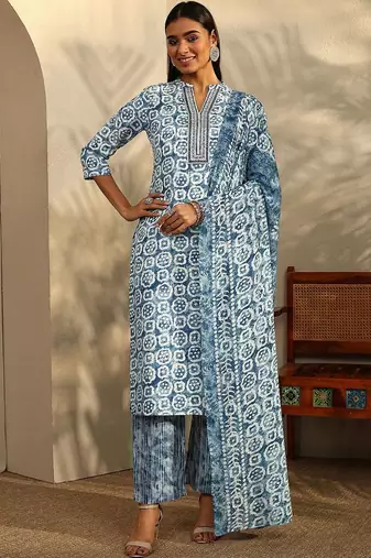 women ethnic motifs printed regular thread work kurta with trousers & with dupatta