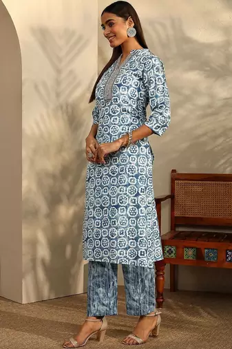 women ethnic motifs printed regular thread work kurta with trousers & with dupatta
