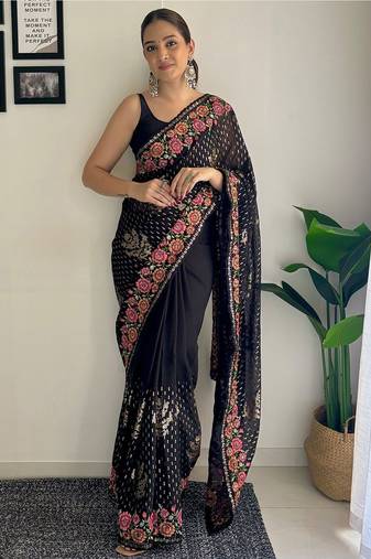 Black embellished sequinned  georgette saree