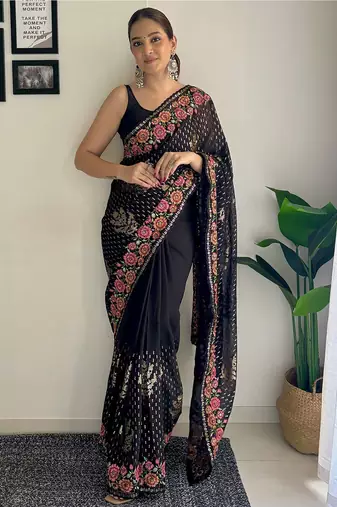 Black embellished sequinned  georgette saree