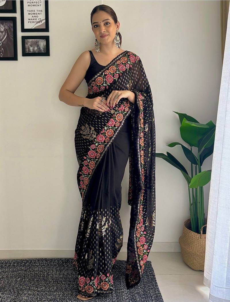 Black embellished sequinned  georgette saree