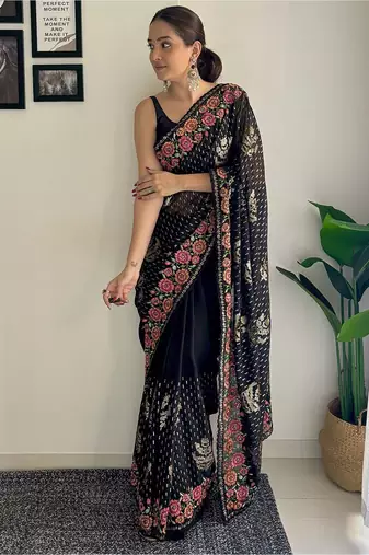 Black embellished sequinned  georgette saree