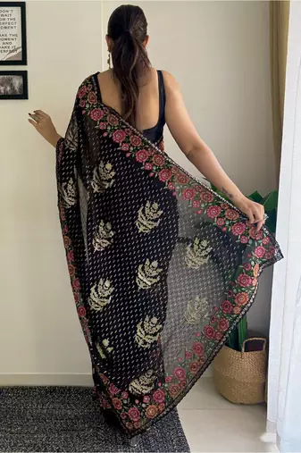 Black embellished sequinned  georgette saree