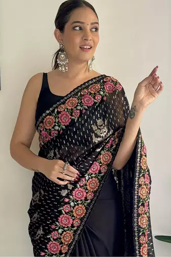 Black embellished sequinned  georgette saree
