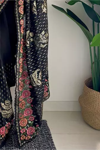 Black embellished sequinned  georgette saree