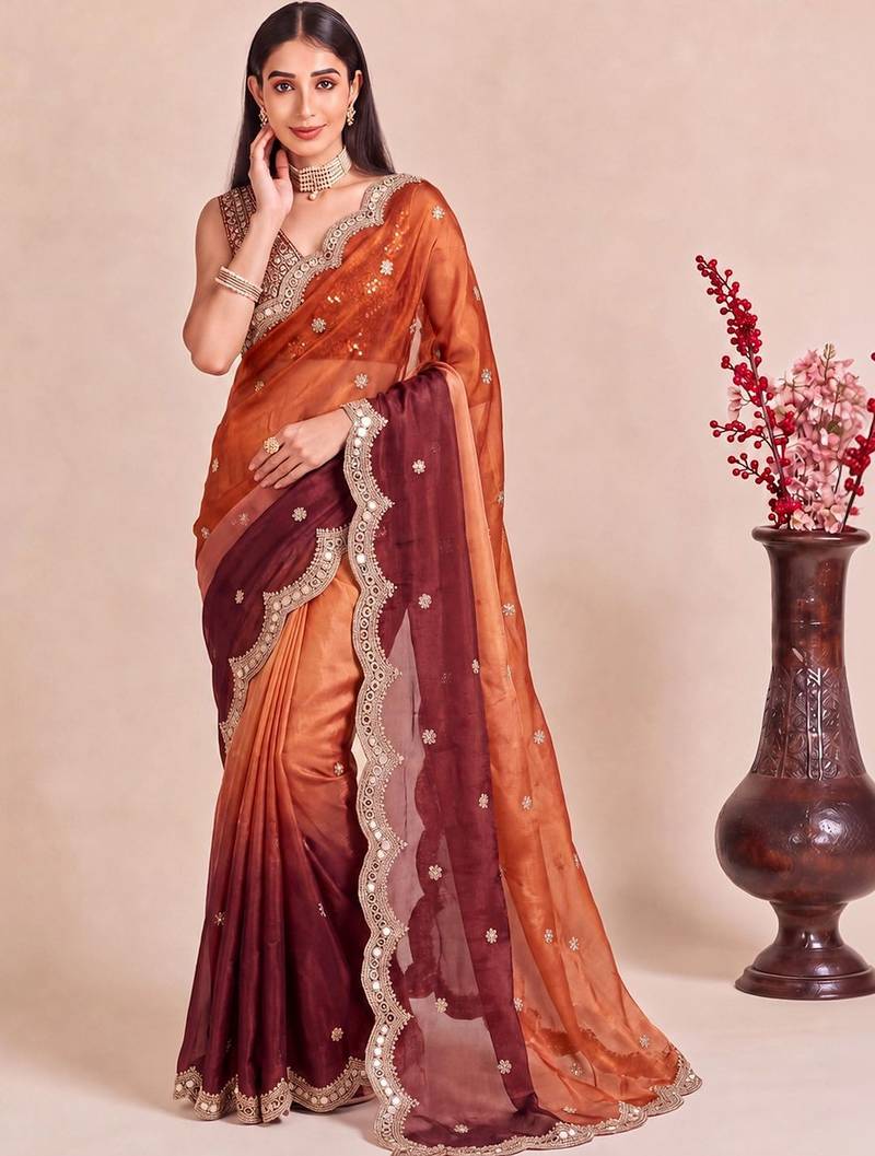 Multicolor ombre mirror work tissue designer saree