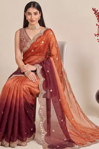 Multicolor ombre mirror work tissue designer saree