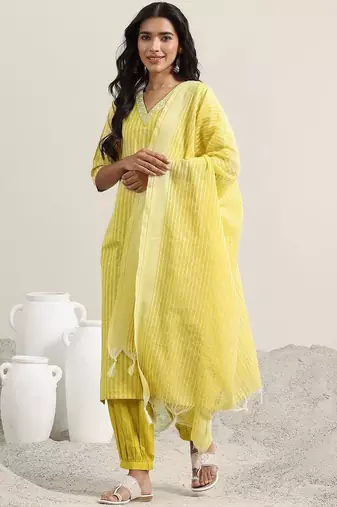 striped straight kurta with harem pants & dupatta
