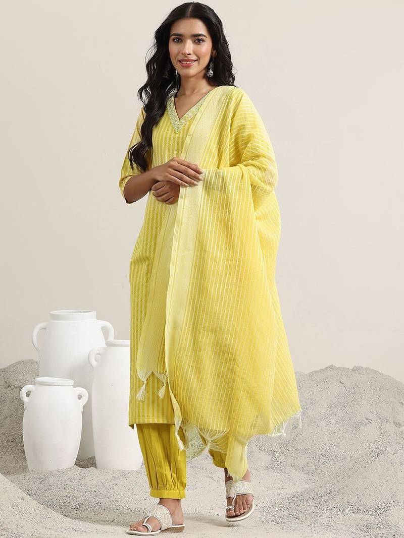 striped straight kurta with harem pants & dupatta