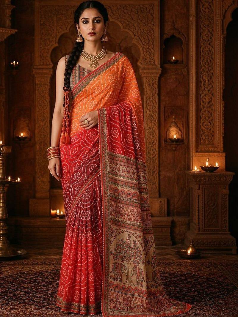Multicolor bandhani  georgette handloom saree