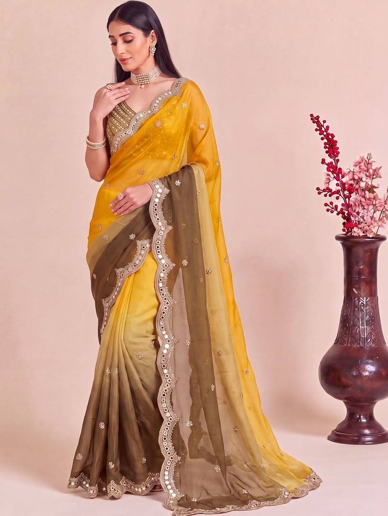 Multicolor ombre mirror work tissue designer saree