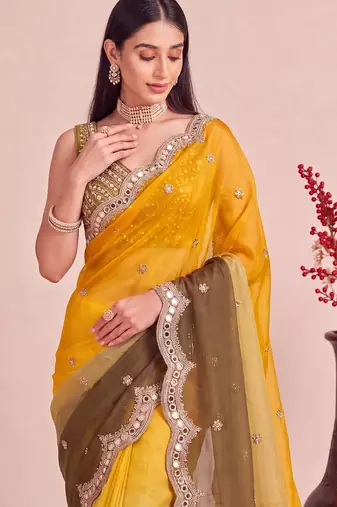 Multicolor ombre mirror work tissue designer saree