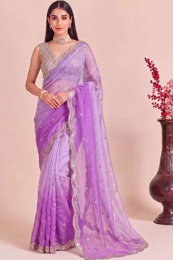 Purple ombre patchwork tissue designer saree