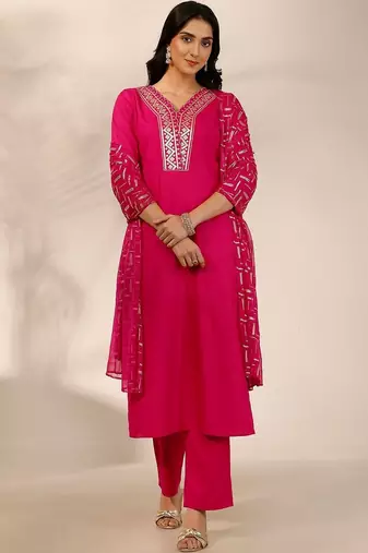 women ethnic motifs embroidered regular kurta with trousers & with dupatta