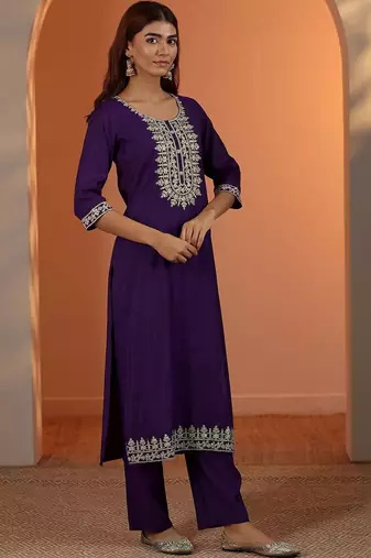 women ethnic motifs embroidered regular thread work kurta with trousers