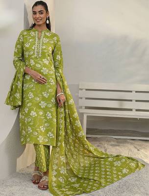 libas green floral printed cotton blend straight suit set with dupatta 1