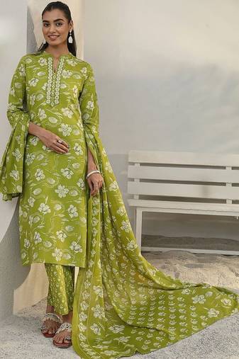 libas green floral printed cotton blend straight suit set with dupatta