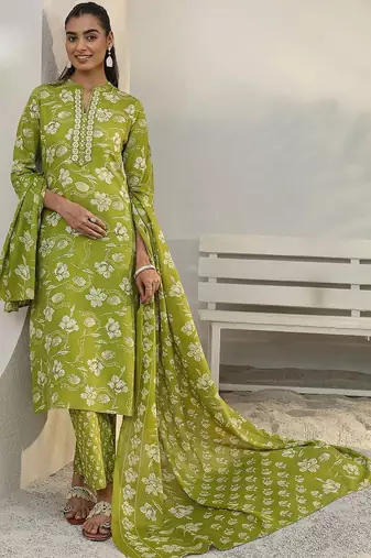 libas green floral printed cotton blend straight suit set with dupatta