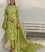 libas green floral printed cotton blend straight suit set with dupatta