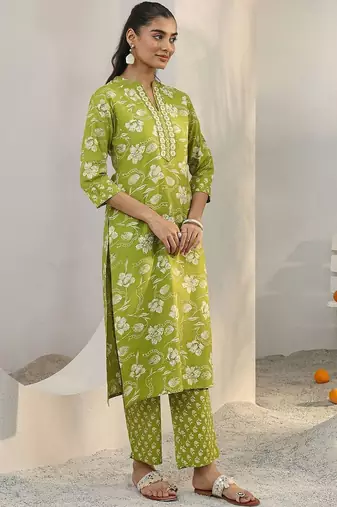 libas green floral printed cotton blend straight suit set with dupatta