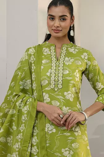 libas green floral printed cotton blend straight suit set with dupatta