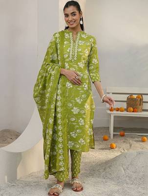 libas green floral printed cotton blend straight suit set with dupatta 4
