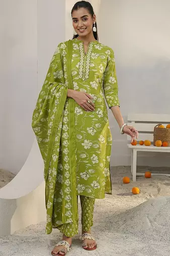 libas green floral printed cotton blend straight suit set with dupatta