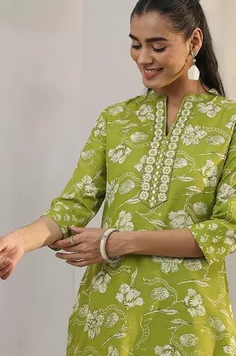 libas green floral printed cotton blend straight suit set with dupatta