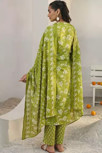 libas green floral printed cotton blend straight suit set with dupatta