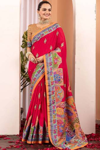 Pink ethnic motifs silk blend saree