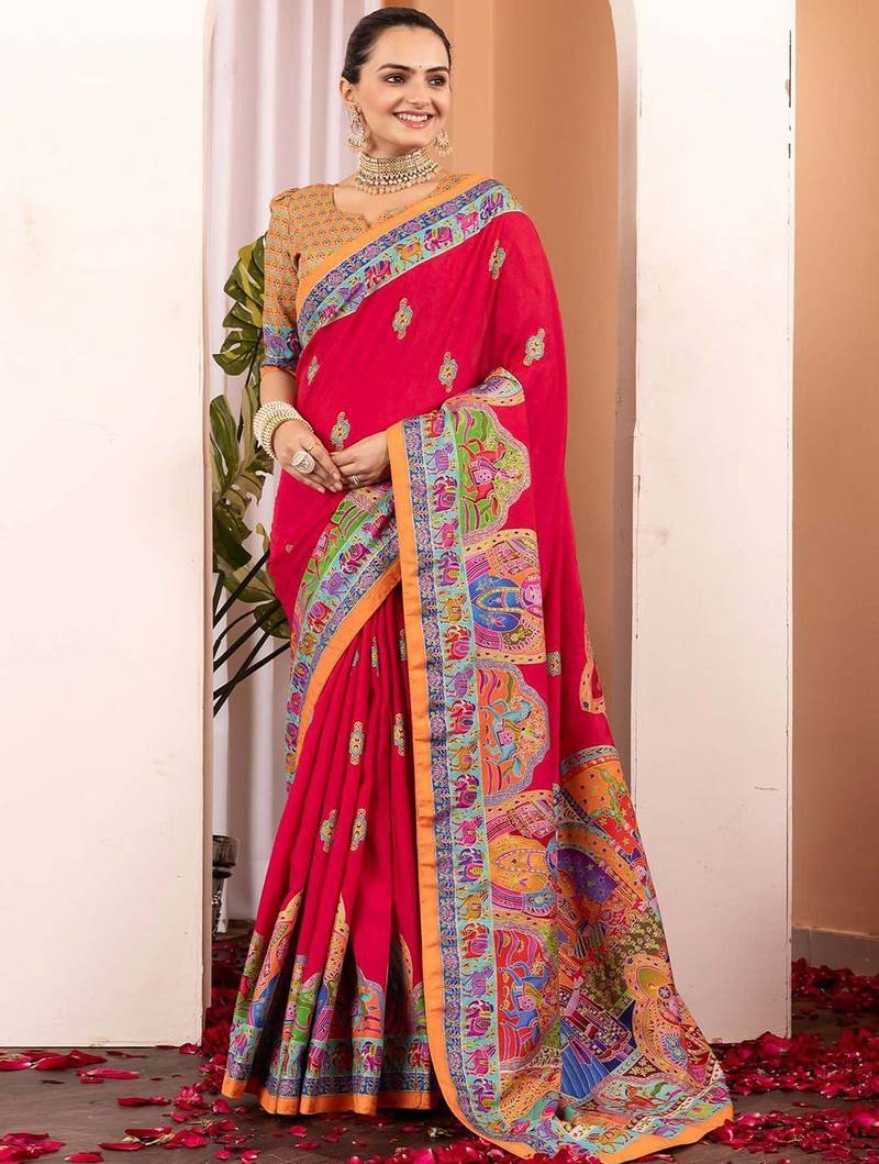 Pink ethnic motifs silk blend saree